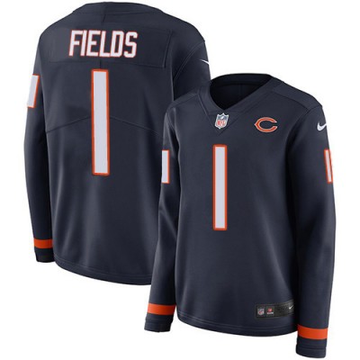 Nike Chicago Bears #1 Justin Fields Navy Blue Team Color Women's Stitched NFL Limited Therma Long Sleeve Jersey
